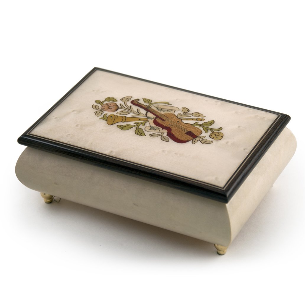 Incredible Ivory Italian Music Box with Violin and Floral Inlay - Many Songs to Choose - Candle in The Wind
