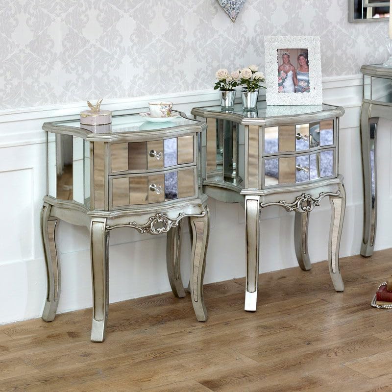 Melody Maison Tiffany Gama – Paquete de Muebles par de Espejo 2 cajón mesilla de Noche Tables