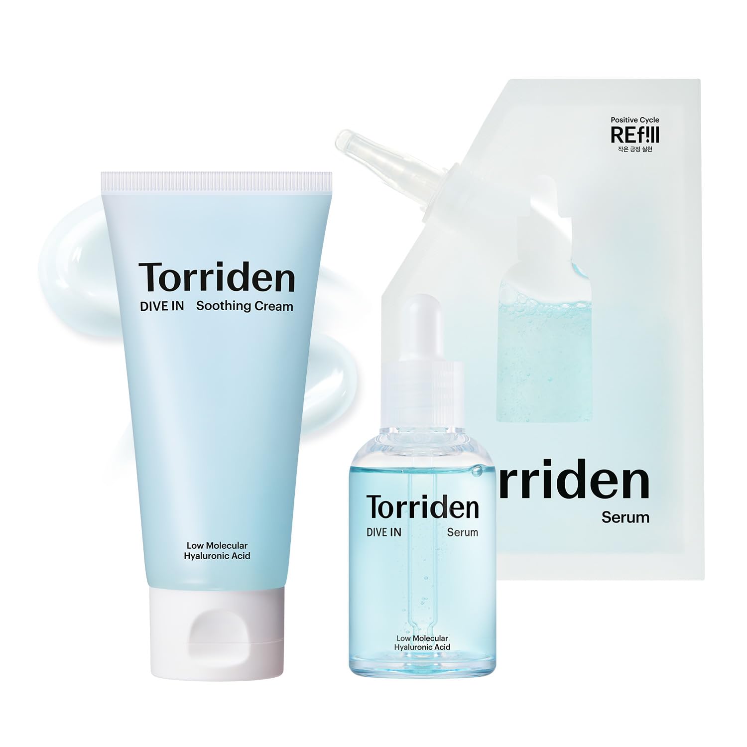 Torriden DIVE IN Hyaluronic Acid Soothing Cream 100ml (Tube) (3.38 fl. oz) + DIVE IN Serum 50ml (1.69 fl. oz) + refill pouch 50ml (1.69 fl. oz)