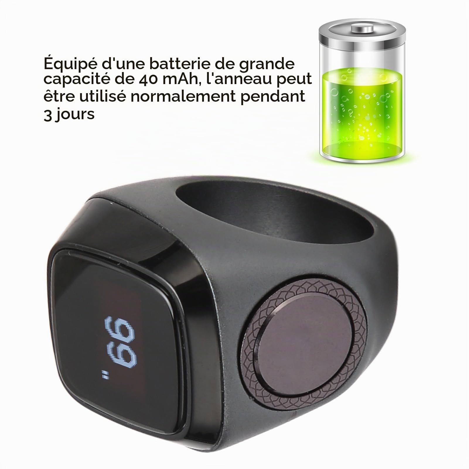 Compteur de Doigts, Anneau de comptage Rechargeable BT5.1 Compteur Manuel de Chiffres et de clics Compteur Digital de Doigts pour iQibla APP avec écran 0.49in (18MM)