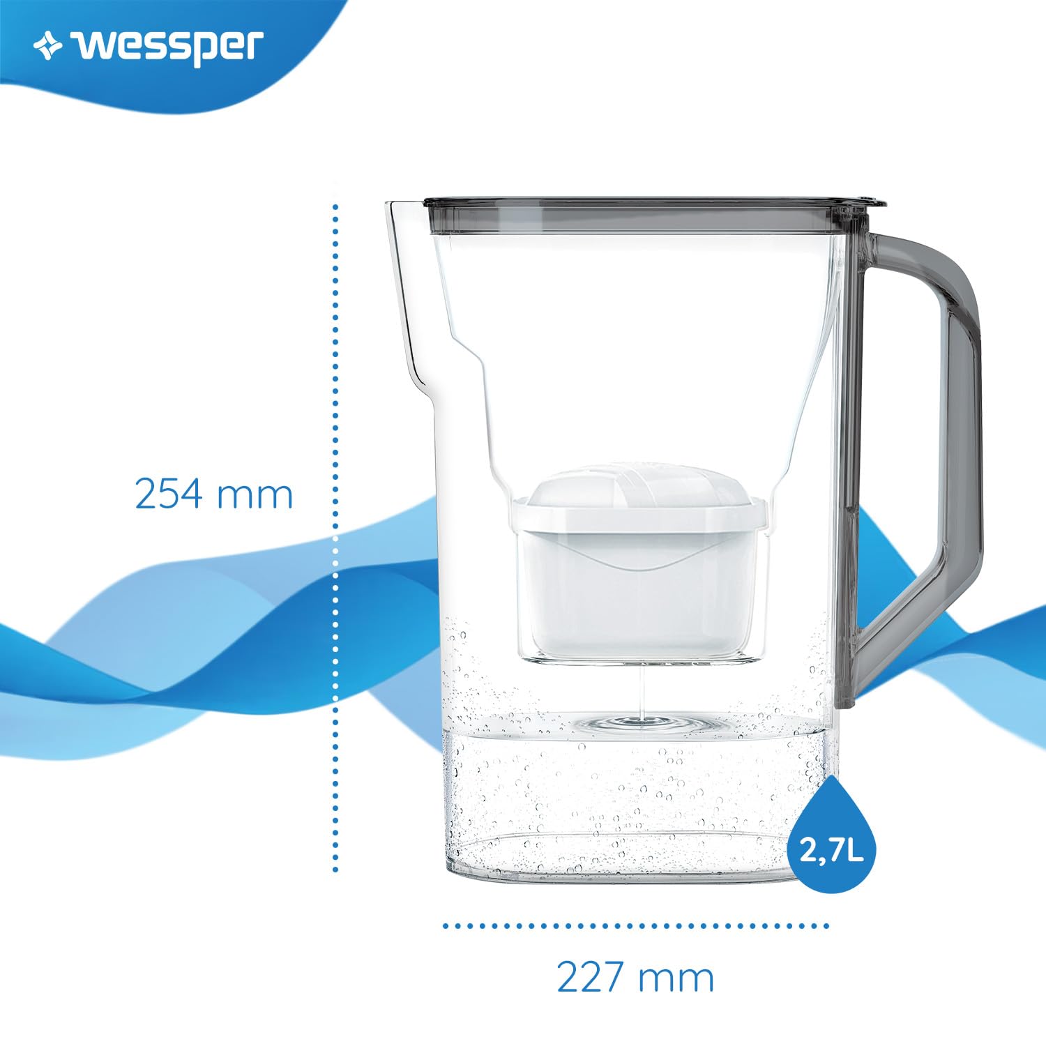 Wessper Dzbanek Filtrujący 2.7L | Zamiennik dla filtra Dafi Unimax Aquaphor A5 BRITA Maxtra+ PHILIPS AWP212/10 | Filtr do Wody Redukujący Kamień i Chlor | Dzbanek Filtrujący + 1x Wkład – Czarny