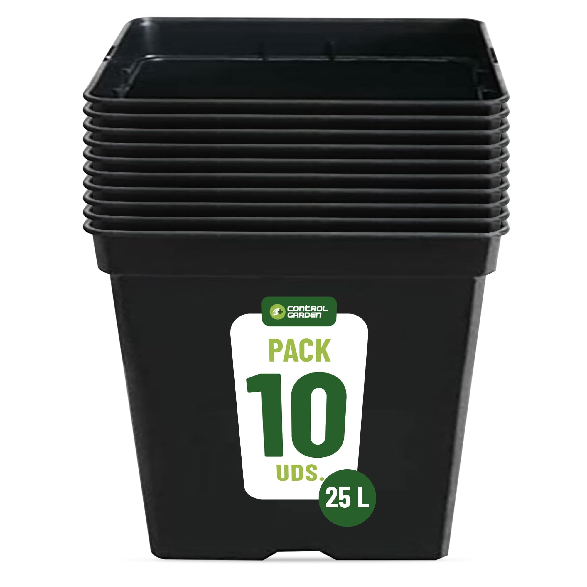 GROWMANIA Pack 10 Macetas Cuadradas para Plantas Negra 25L - Diez Maceteros de Plástico para Flores 33x33x35 cm - Base 25x25