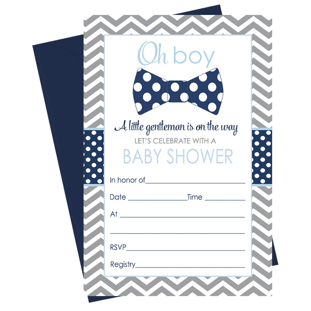 Bow Tie Baby Shower Invitations (15 Guests) Oh Boy – Little Man Party Supplies - Grey Chevron, Polka Dot - Fill In Blank Style Invite Cards and Envelope Set DIY