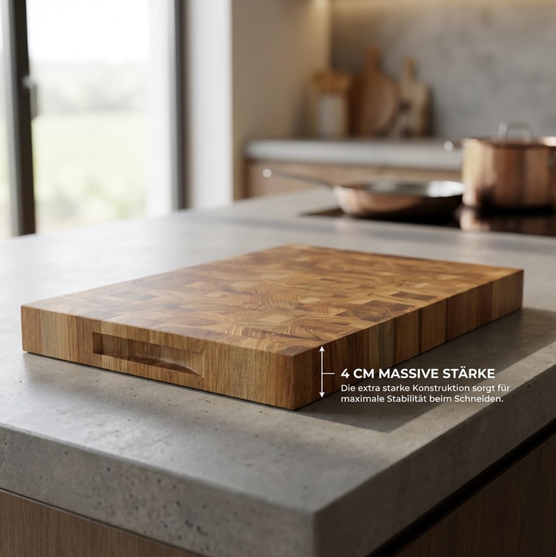 Stirnholz Schneidebrett aus Eiche 40x30x4 cm – Massives Holz Schneidebrett, Hackblock Küche, Messerschonend, Extra Stabil, Beidseitig Nutzbar