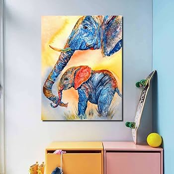 Amazon.co.jp: 動物画 象と赤ちゃん 象 キャンバス 絵画
