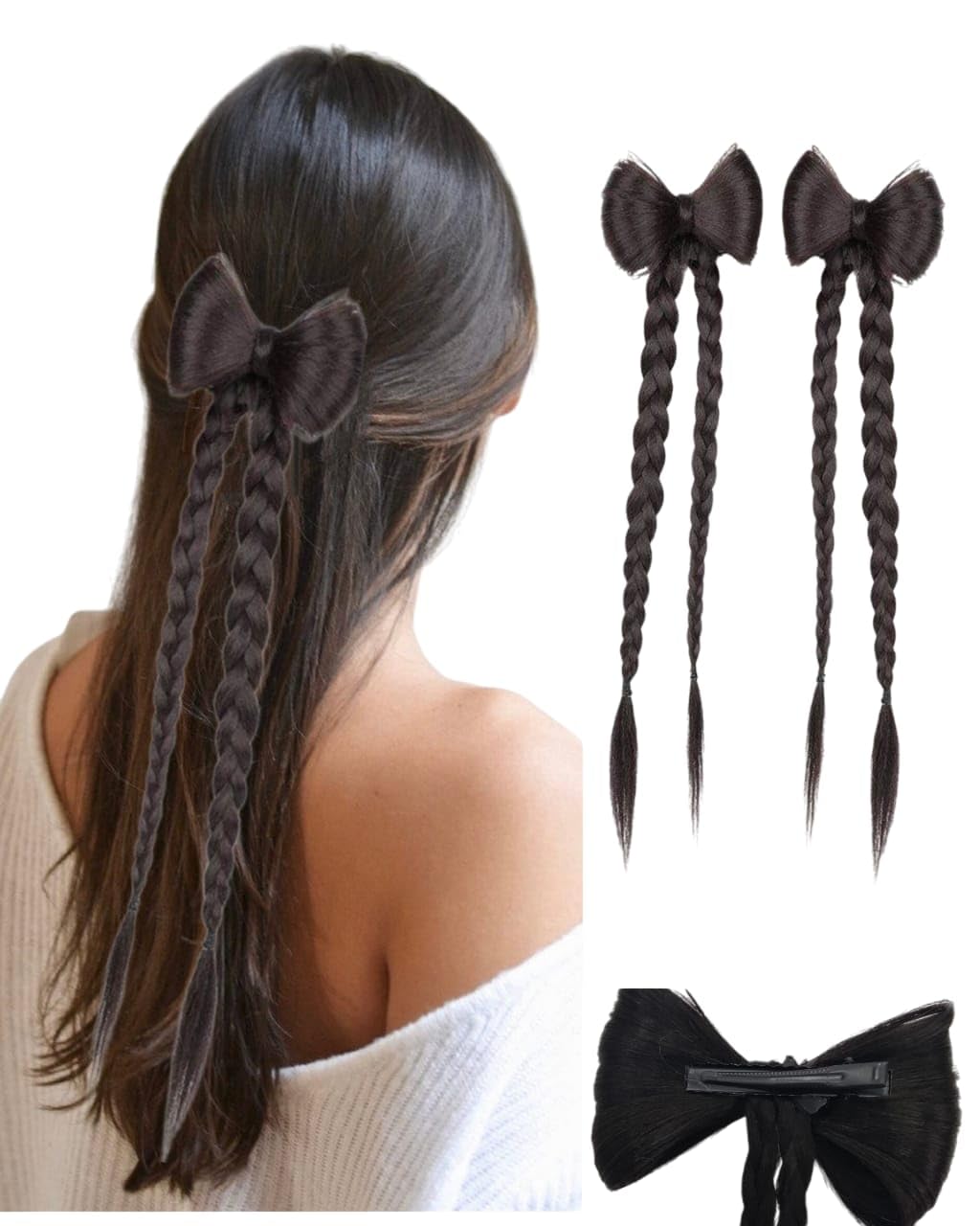 MISS LIRENN® Synthetic Hair Braided Extensions with Rust Free Barrette Bow Design, 2 Pieces, Brown, Twist Style Ponytail (Brown)-image-18