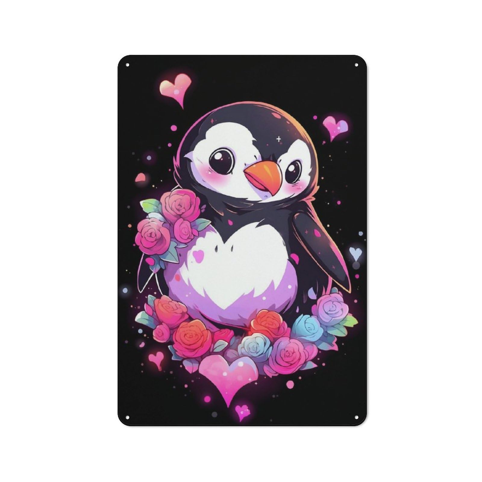Junmoney Penguin Hearts And Flowers Rustic Metal Wall Sign 30X20cm For Studio Or Craft Room, For Vintage Wall Decor Fans, For Themed Room Decoration