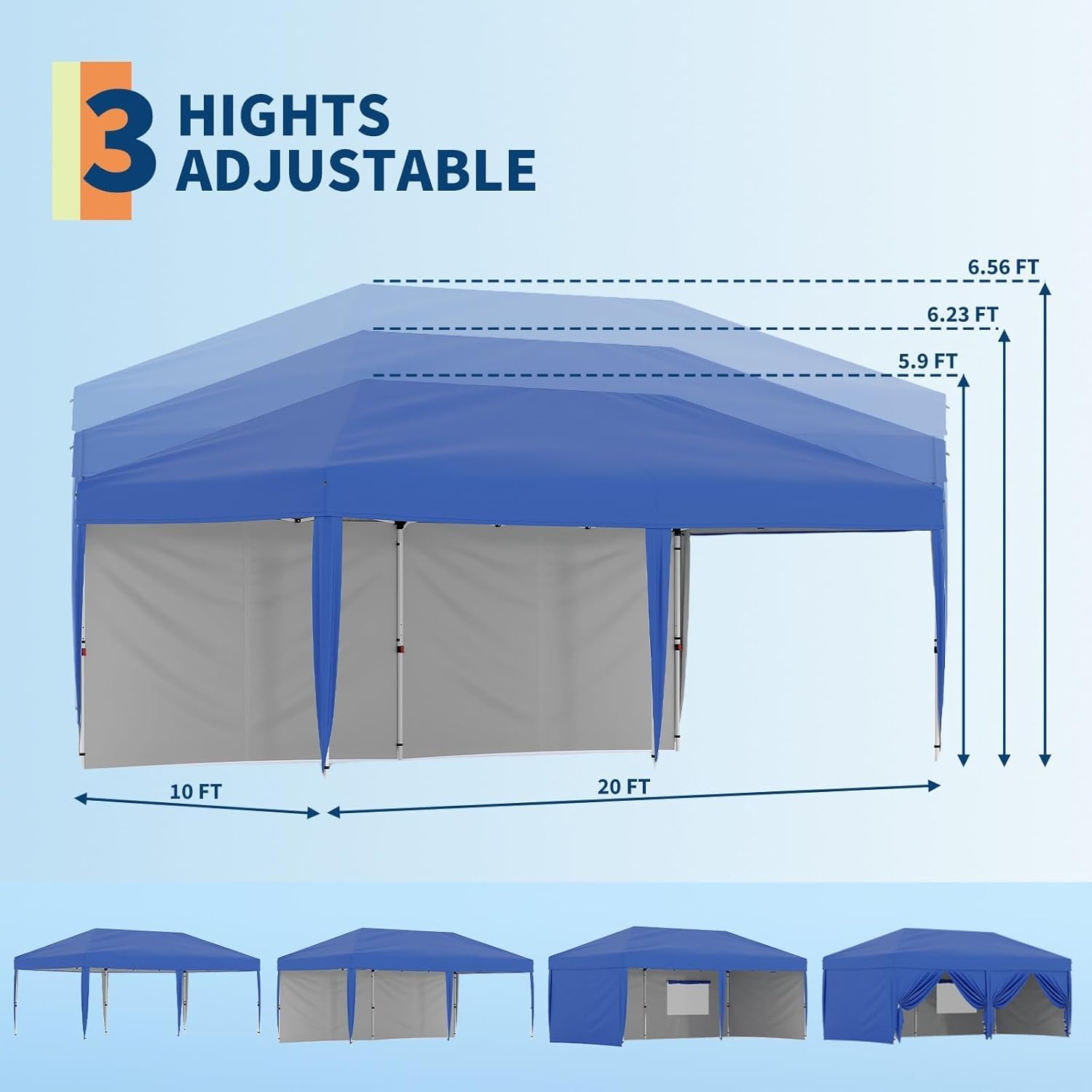 10x20Ft Pop Up Canopy, Instant Canopy Tent with Sidewalls, Outdoor Canopy with Portable Roller Bag, 3 Adjustable Height & 4 Weight Bags, Waterproof, Outdoor Shelter Tent for Beach Events Camping, Blue