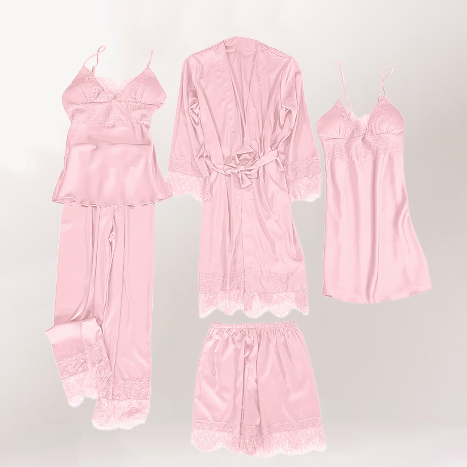 Conjunto de Pijama y Pantalones con Encaje Floral para Mujer, lencería de 4 o 5 Piezas, Vestido de Seda, Ropa de Dormir