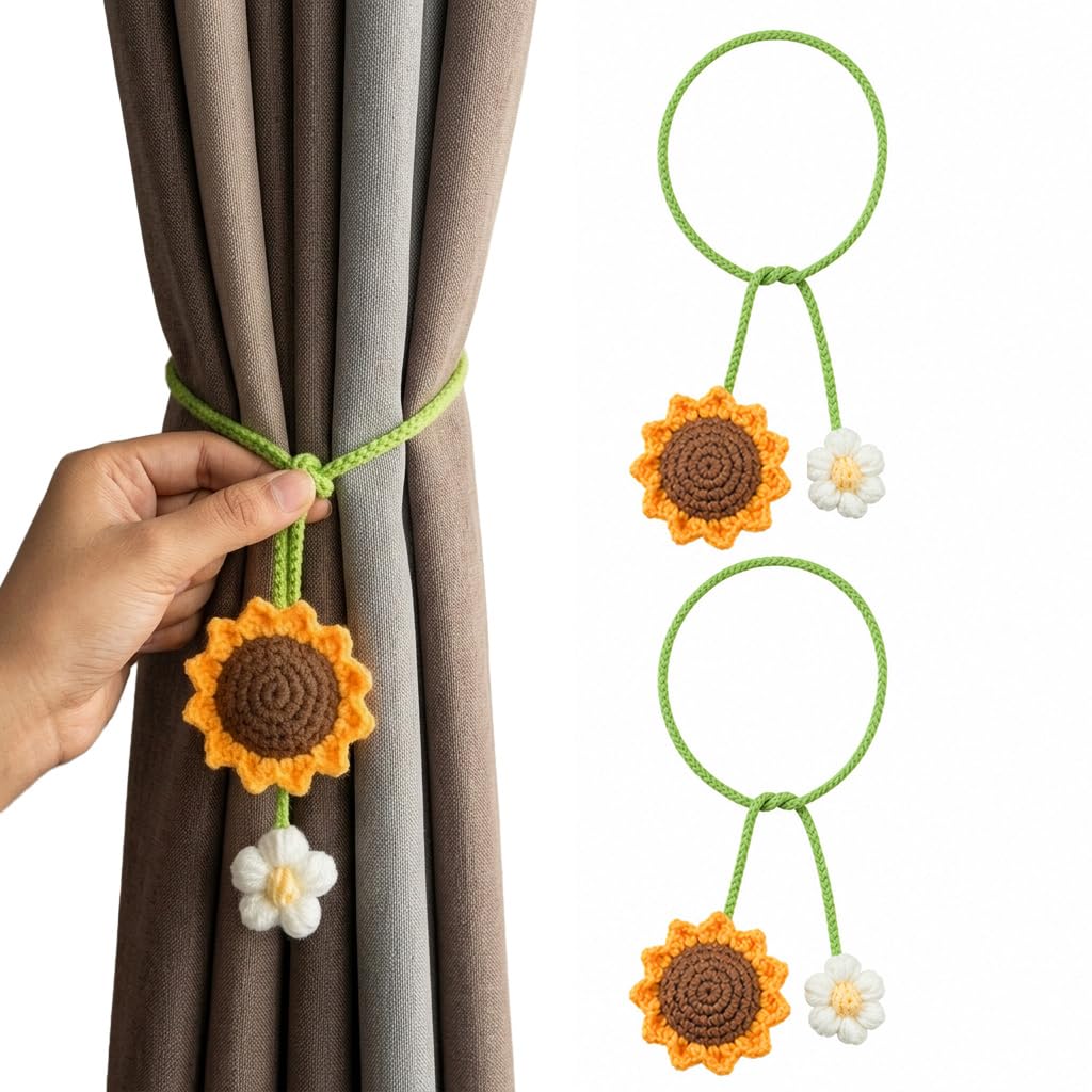 2PCS Hand Crocheted Sunflower Curtain Tiebacks, Boho Knitted Floral Curtain Holders, Yarn Hanging Accessory for Car Rearview Mirror and Home Use-image-22