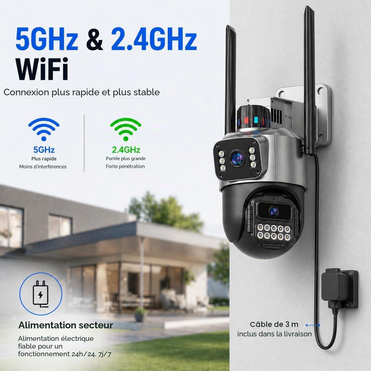 Caméra de surveillance 5G pour extérieur, 6 MP avec double objectif pour extérieur, IP66, caméra de sécurité extérieure avec suivi automatique, vision nocturne, caméra extérieure 24/7, 2 audios, SD