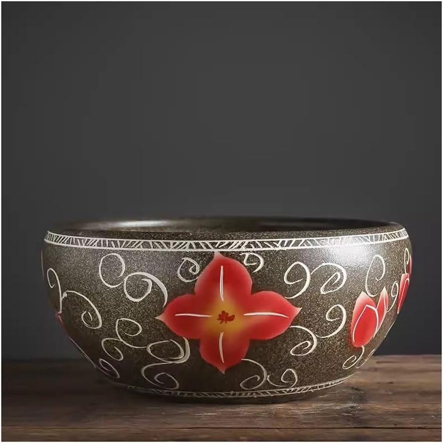 Fish Tank Ceramic Goldfish Tank Desktop Fish Breeding Balcony Fish Tank Turtle Tank Flower Pot Home Living Room Fish Tank Decor(Small)