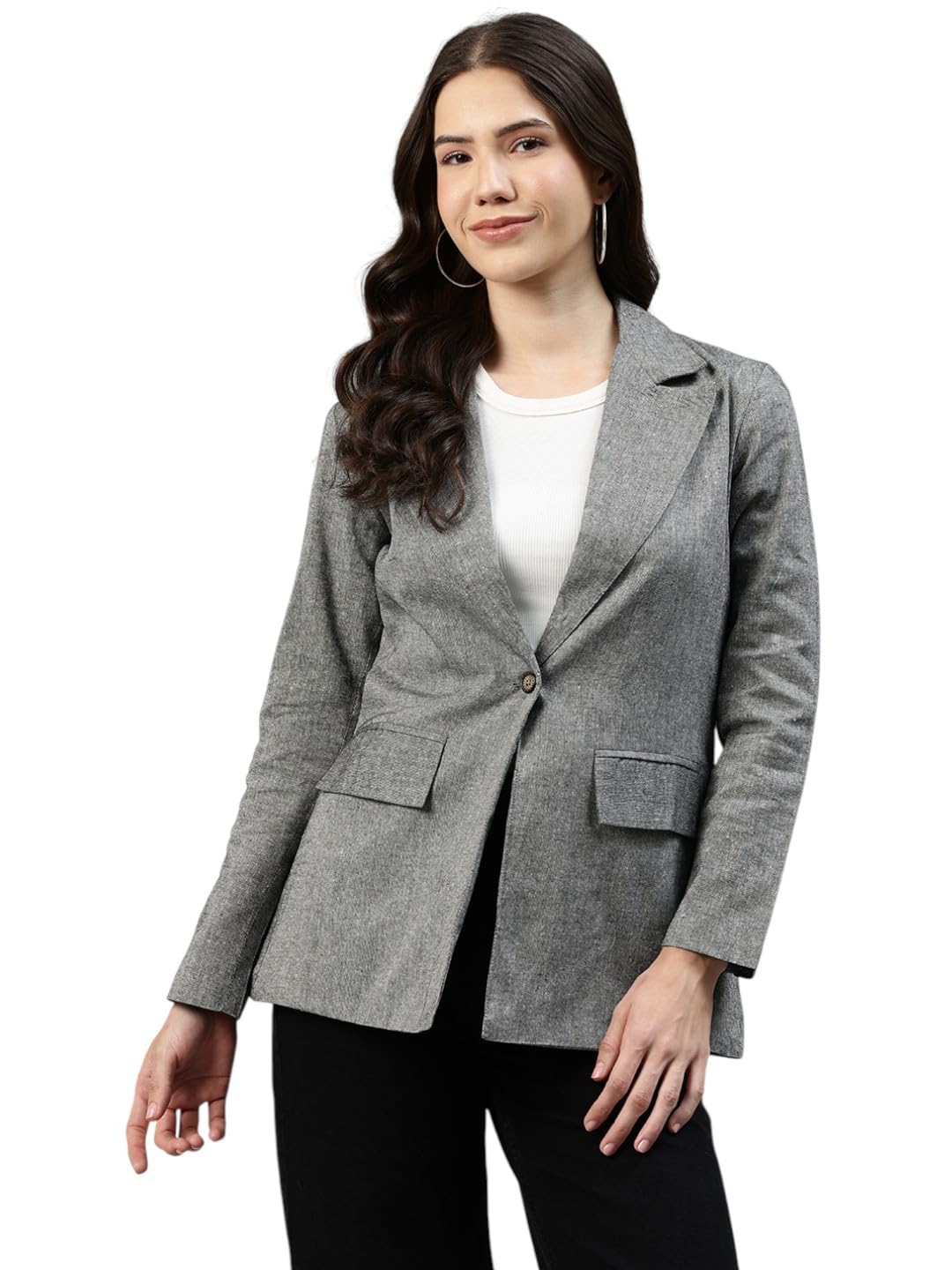 Grey Solid Single-Breasted Cotton Blazer-image-31