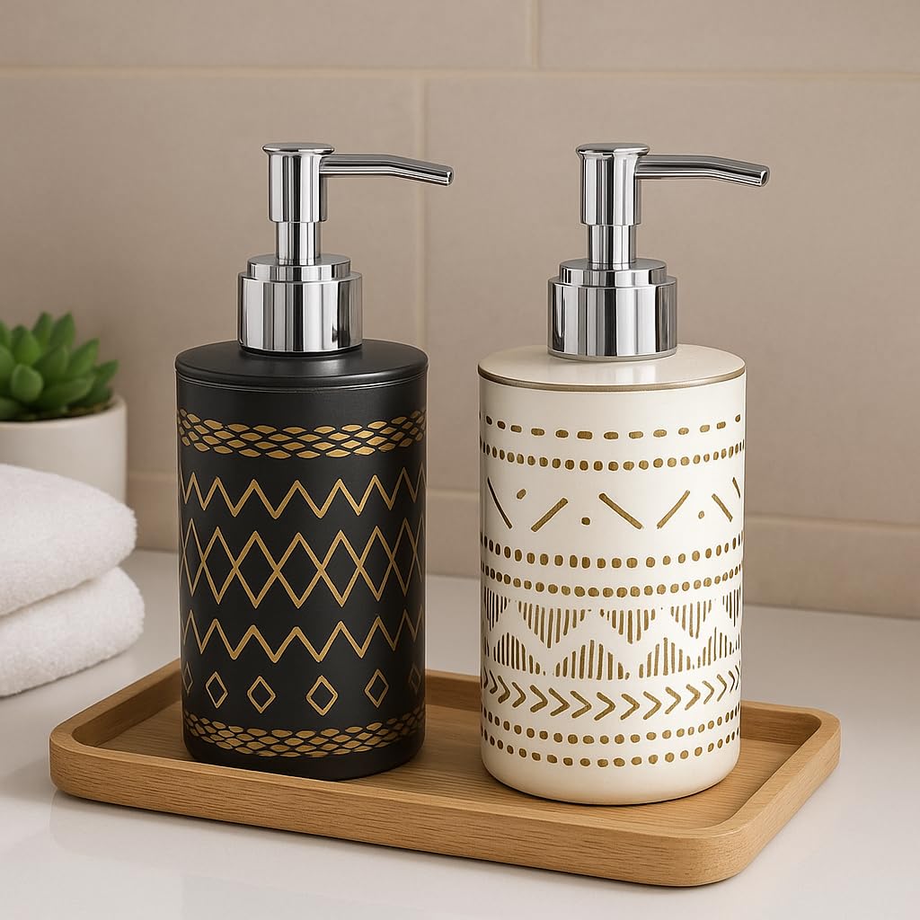 LAGET® 300ml Soap Dispenser for Wash Basin - White Black Golden Print | Kitchen and Bathroom Accessories Items | Refillable Handwash Dispenser Bottle- Set of 2