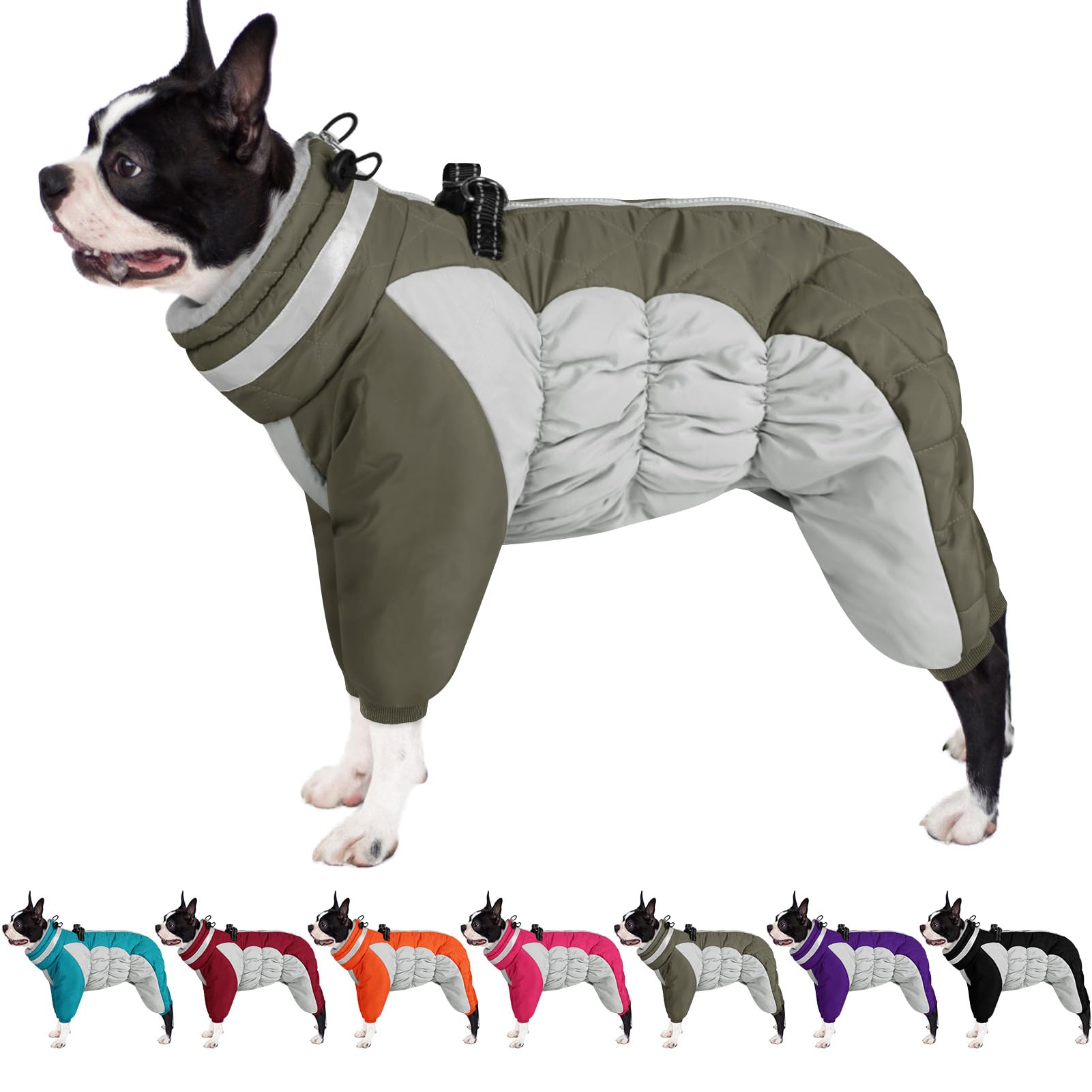 AOFITEE Winteroverall für Hunde - Wasserdichter Hundemantel für Mittelgroße Hunde mit Beinen, Winter Warmer Hundejacke mit Geschirr Gefütterter Hundeoverall, Wintermantel Hund für Boston Terrier, M