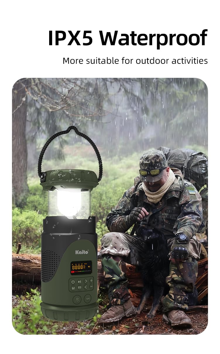 Kaito KL101 Linterna y linterna de emergencia para camping, manivela y energía solar, batería recargable de 5000 mAh, radio AM/FM/clima, impermeable, alarma SOS, carga USB