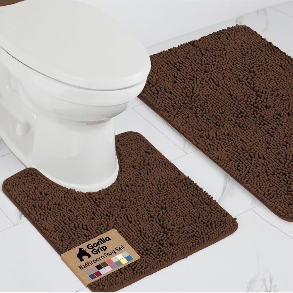 Gorilla Grip Original Shaggy Chenille 2 Piece Bath Rug Set Includes Oval U-Shape Contour Mat for Toilet and 30x20 Carpet Rugs, Machine Wash/Dry, Plush Mats for Tub, Shower & Bath Room (Brown)