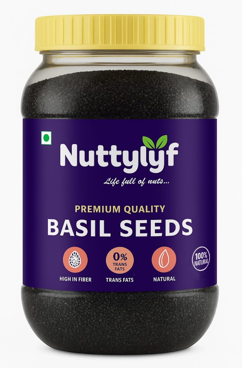 Nuttylyf Basil Seeds 900g | Raw Organic & Natural Sabja Seed | Tukmaria Beej for Diet, Rich in Proteins and Minerals | Seeds for eating | Pack of 1 (Reusable Jar)