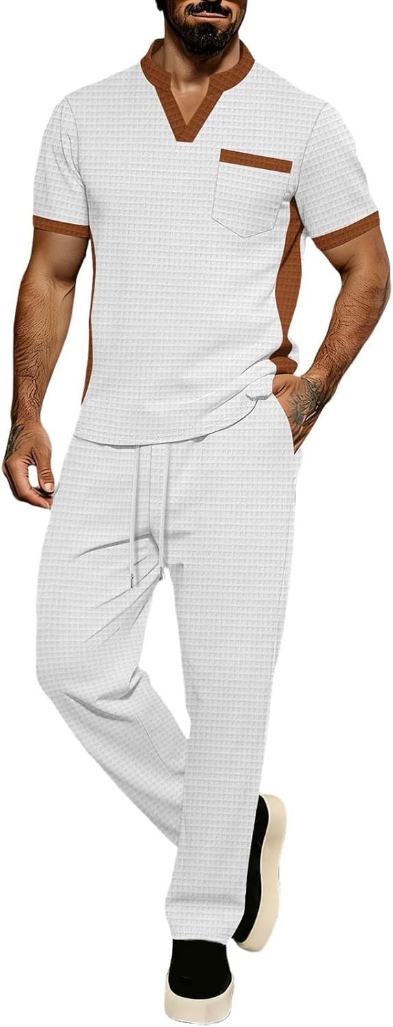Cambkatl Men's Waffle 2 Piece Outfits Color Block V Neck Short Sleeve T-Shirt & Straight Pants Tracksuit Sets with Pockets