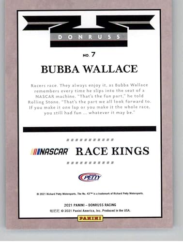 Miniatura 2 de 2021 Donruss Racing #7 Bubba Wallace Race Kings Official NASCAR Trading Card From Panini America in Raw (NM Near Mint or Better) Condition