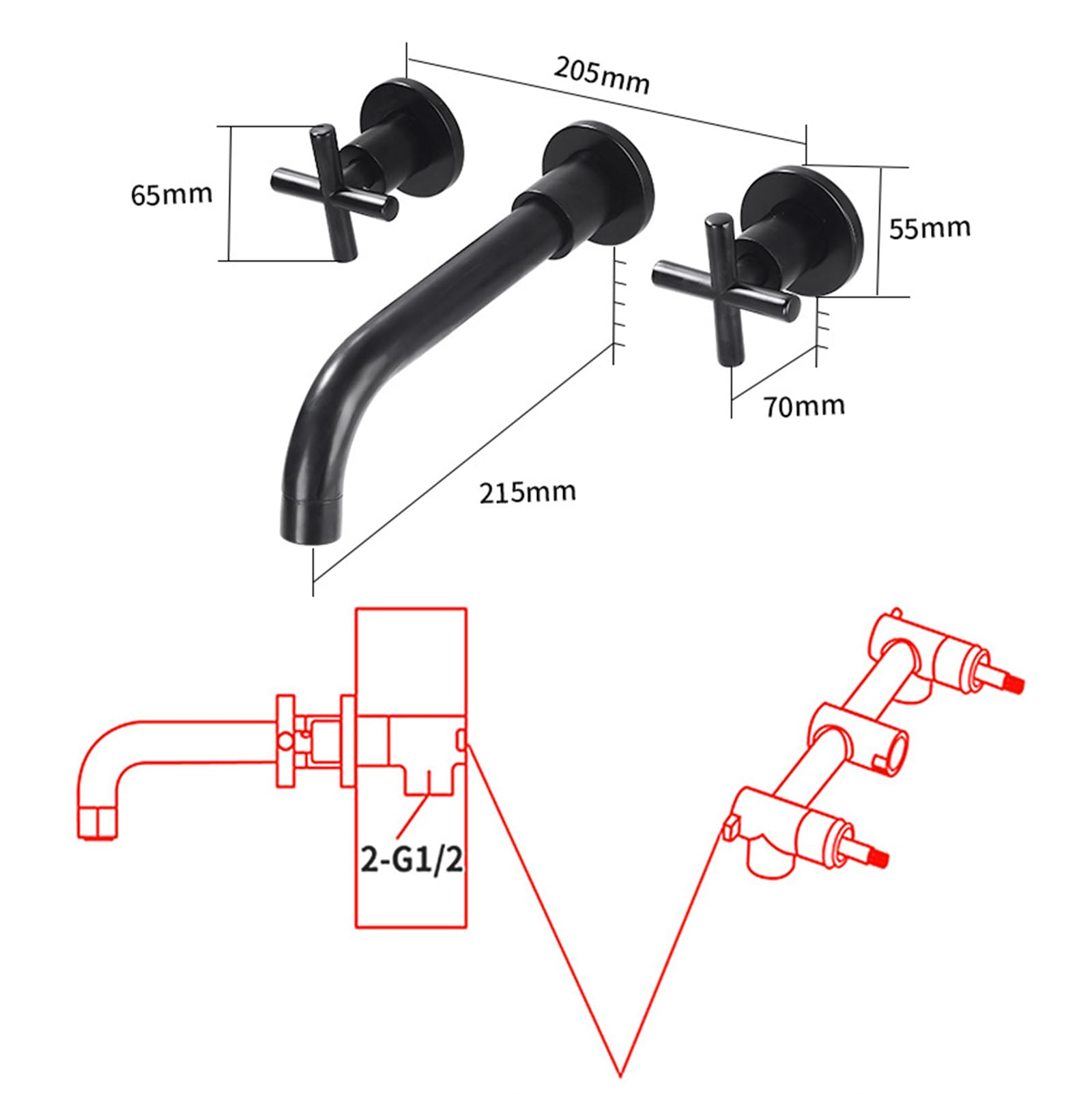 XJTNLB Rubinetti Bagno a Croce Rubinetto da Muro per Lavatoio Girevole 360° Miscelatore Lavabo Bagno in Ottone,Oro