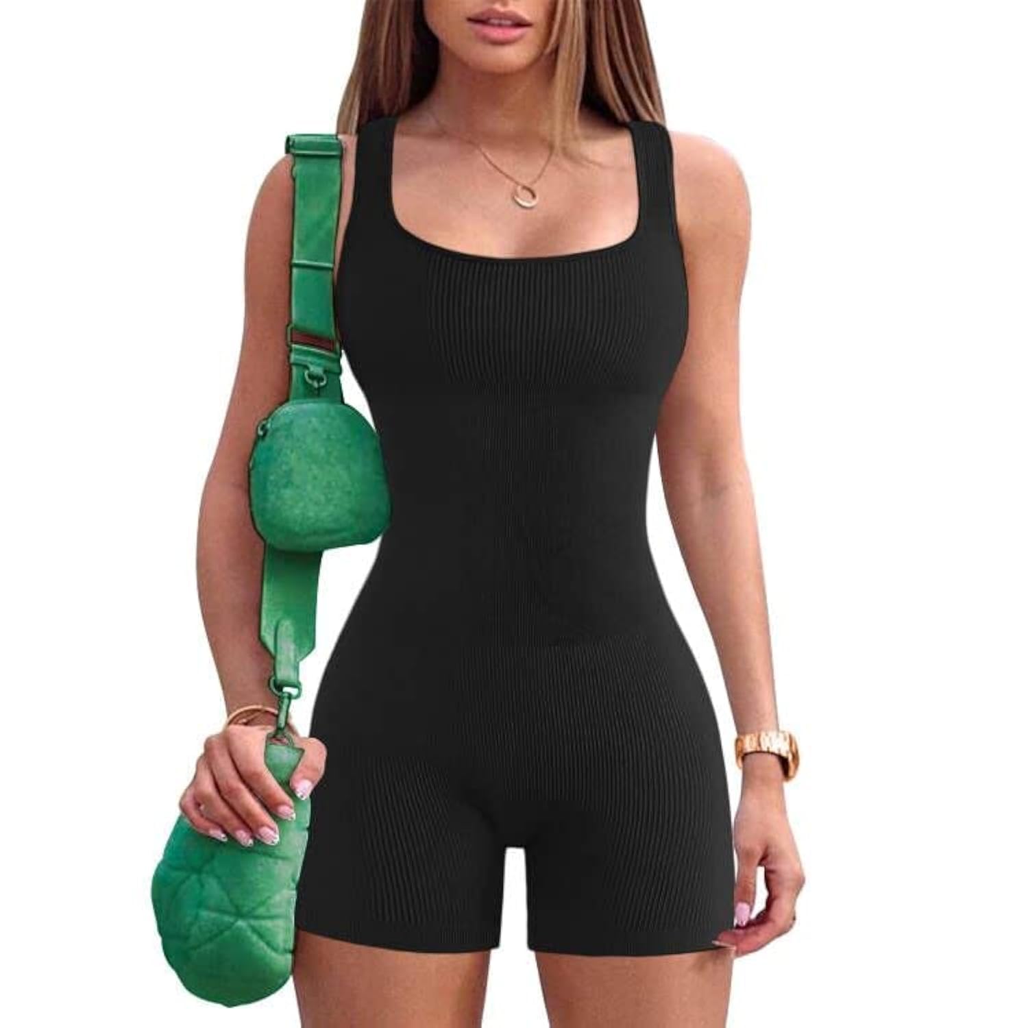 Yoga Jumpsuit for Women Ribbed One Piece Tank Top Sleeveless Bodycon Sport Shorts Gym Romper Workout Bodysuit