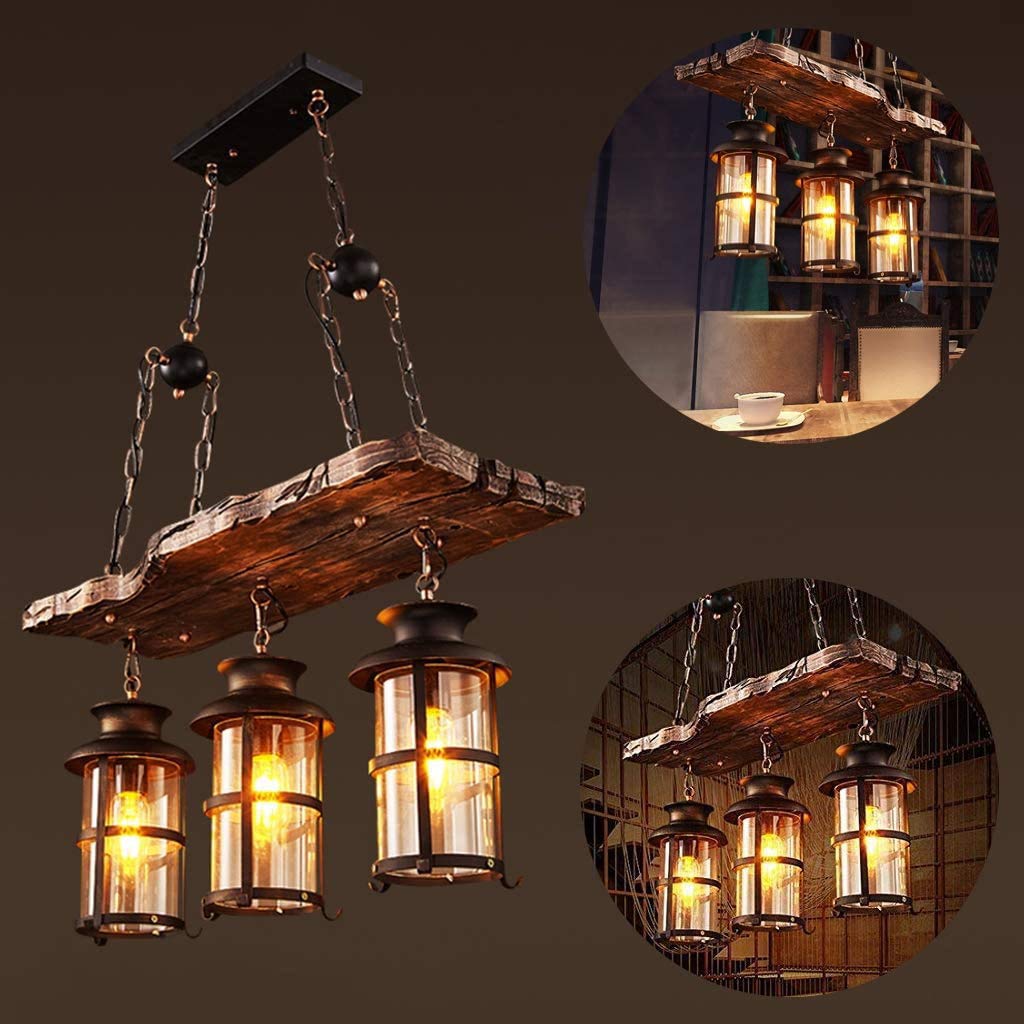 Lámpara Pendiente de La Vendimia de Metal Negro Lámpara de Techo de Vidrio Industrial y Madera Rústica Candelabros Altura Ajustable Para E27 Bombilla Para La Cocina Habitación Salón Lámpara Colgante