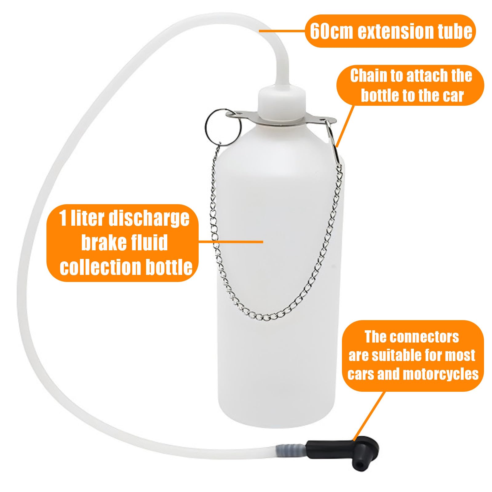 Flacone Raccolta Liquido Freni 1 L con Tubo 60cm e Raccordo Gomma, Spurgo Freno Bottiglia Adatto Alla Maggior Parte Delle Viti Spurgo, Serbatoio Raccogliere Liquido Freni per Cambio Olio e Scarico