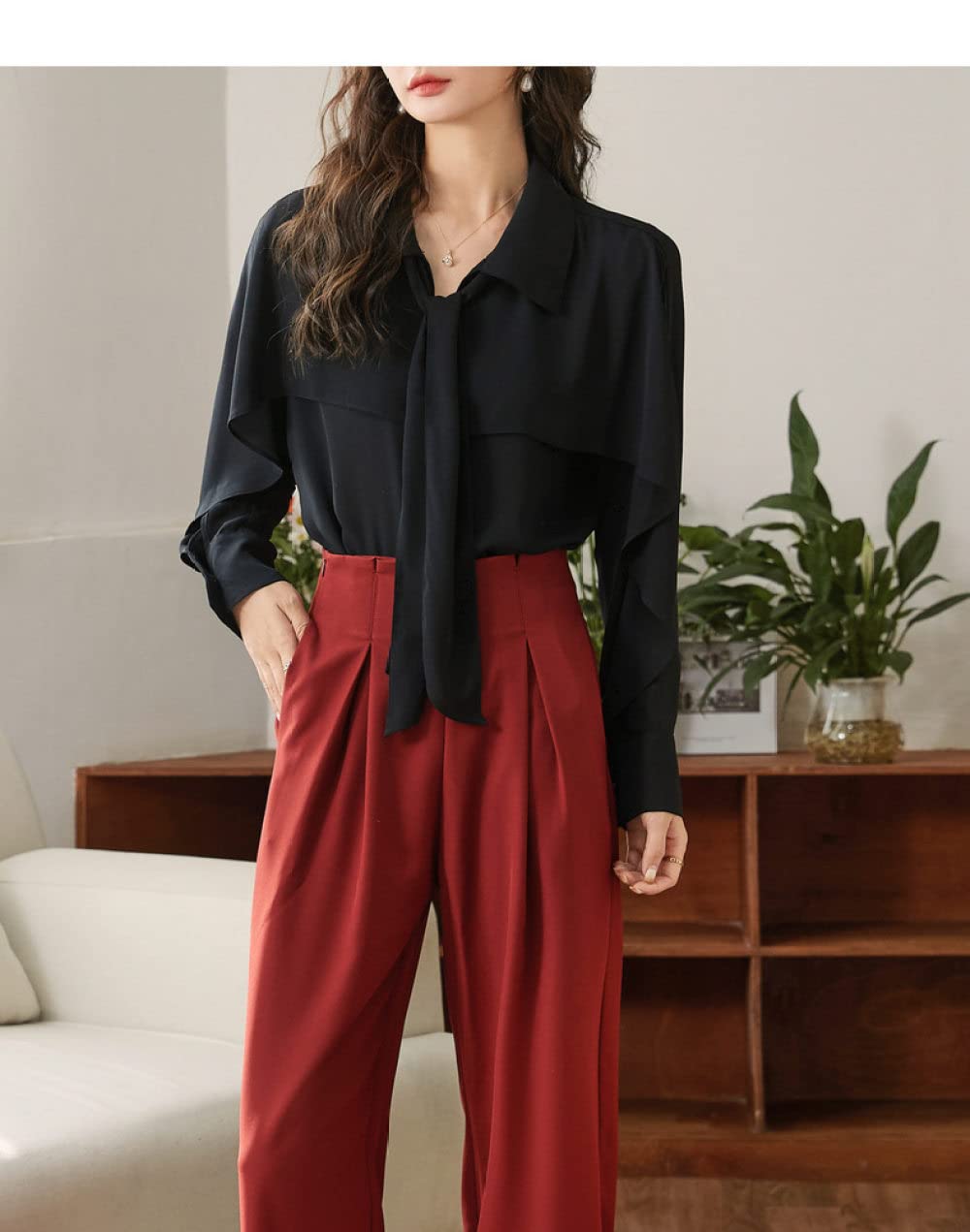 Langarmshirt Damen,Damen-Chiffon-Hemd Schwarz Einfarbig Revers Schleife Rüschen-Design Büro Business-Bluse Langarm-Pullover Blusen Lässige Tunika-Oberteile