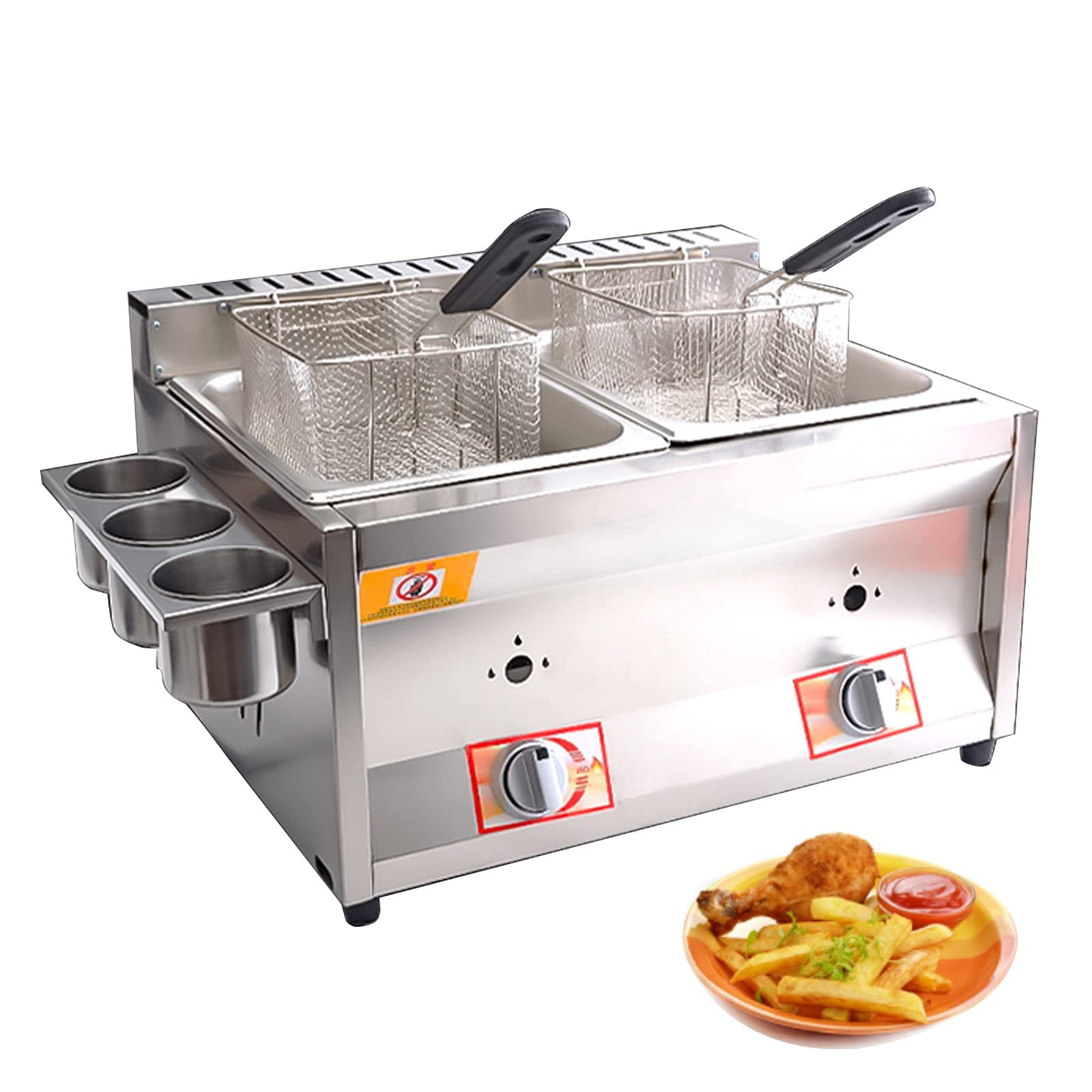 Gasfritteuse mit 10L*2 Korb und Deckel, Edelstahl-Arbeitsplatte Propan mit Metallrohr für gewerbliche Heimküche
