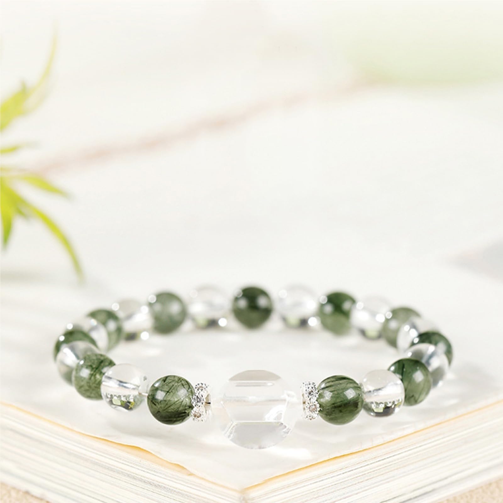 Braccialetto elastico in quarzo naturale trasparente e quarzo rutilato verde, per uomini e donne, Feng Shui ricchezza perline di cristallo elastico per prosperità e buona fortuna