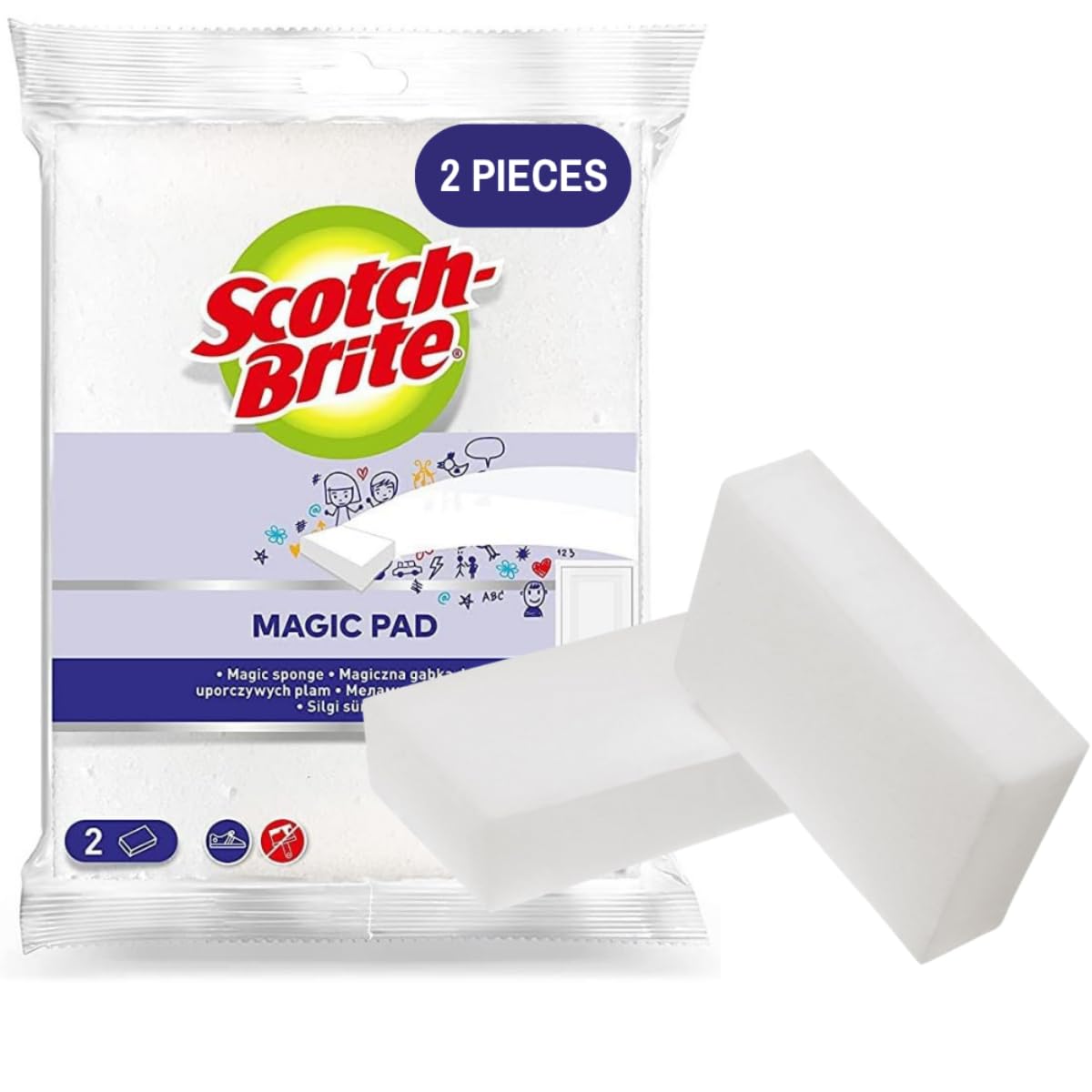 Scotch-Brite Easy Erasing Pad, 2 units/pack Magic Sponge Eraser Pad Easily removes stains, Erase away scuff marks and smudges Walls Doors Windows | Floors pack of 1