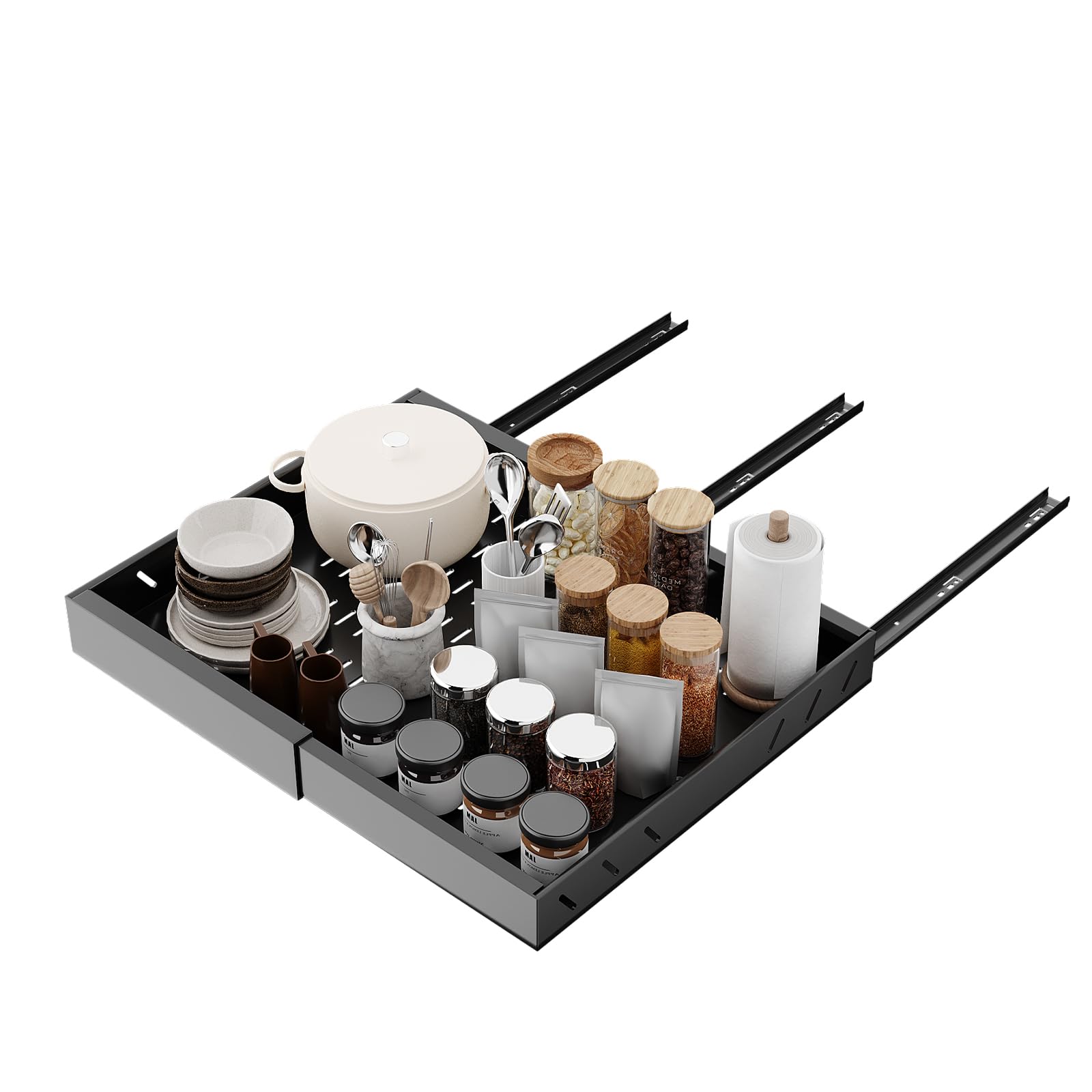 Garvee Cajones Extraibles Para Cocina, Organizador De Alacena De Acero Al Carbono, Estante Ajustable Para Especias y Platos Con Guías De Deslizamiento, Ancho Ajustable De 32 a 52 cm, Negro 1 Pieza