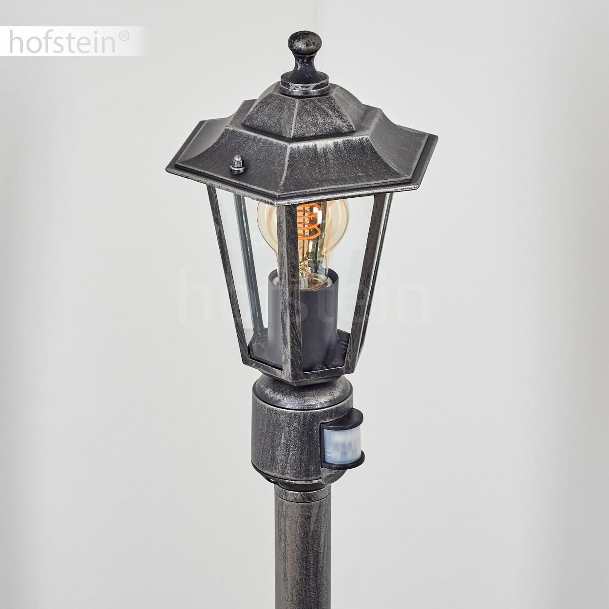 Lampa zewnętrzna Loria, lampa drogowa z czujnikiem ruchu z metalu/szkła w kolorze czarno-srebrnym/przezroczystym, lampa zewnętrzna o wyglądzie antycznym, 107 cm, lampa ogrodowa, oświetlenie ogrodowe