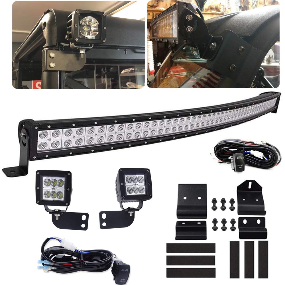 WeiSen Front Windshield 50 Inch 288W Curved LED Light Bar Pro-Fit Cage Mount Kit 14 Rear Roof Pair 3" 18W Cube Lights Brackets w/ 2X Wiring Kit Fit 2013-UP Polaris Ranger XP 1000 900 570 Crew