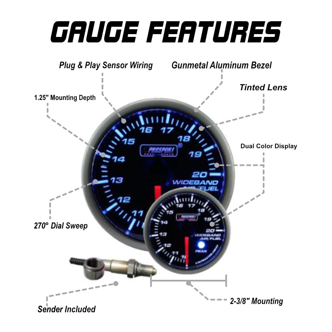 Prosport Premium Series Blue/White Wideband Air Fuel Ratio Gauge – 52mm (2 1/16") – Bosch LSU 4.9 Sensor, 10.0–20.0 AFR Range, 0–5V/0–1V Outputs, Plug-and-Play Kit