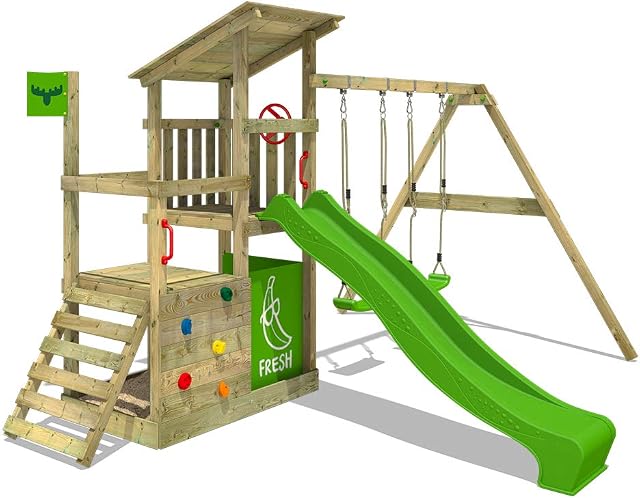FATMOOSE Wooden Climbing Frame FruityForest Fun XXL with Swing Set & Apple Green Slide, Outdoor Kids Playhouse with Sandpit, Climbing Ladder & Play-Accessories for The Garden