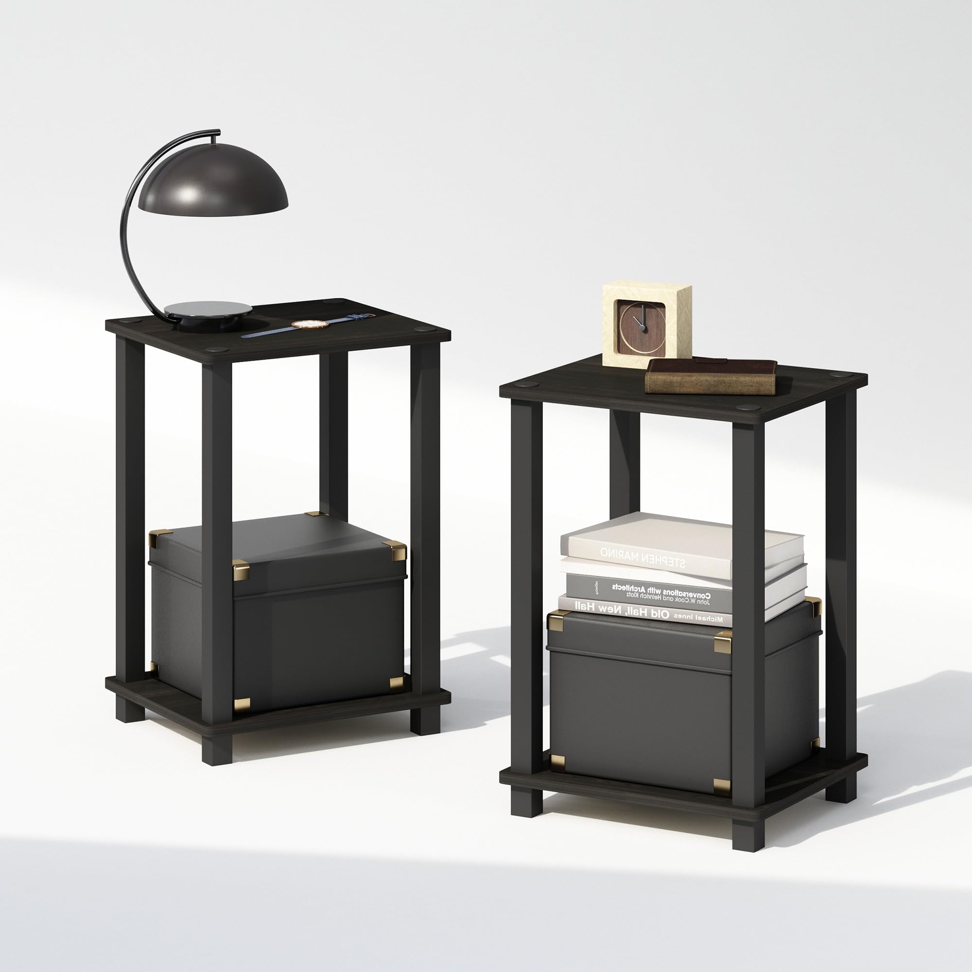 Furinno SIMPLISTIC Night Stand Set of 2, 2-Tier Small Nightstand with Open Shelf, Toolless Bedside Table, End Table, Side Table, for Bedroom, Living Room, Espresso