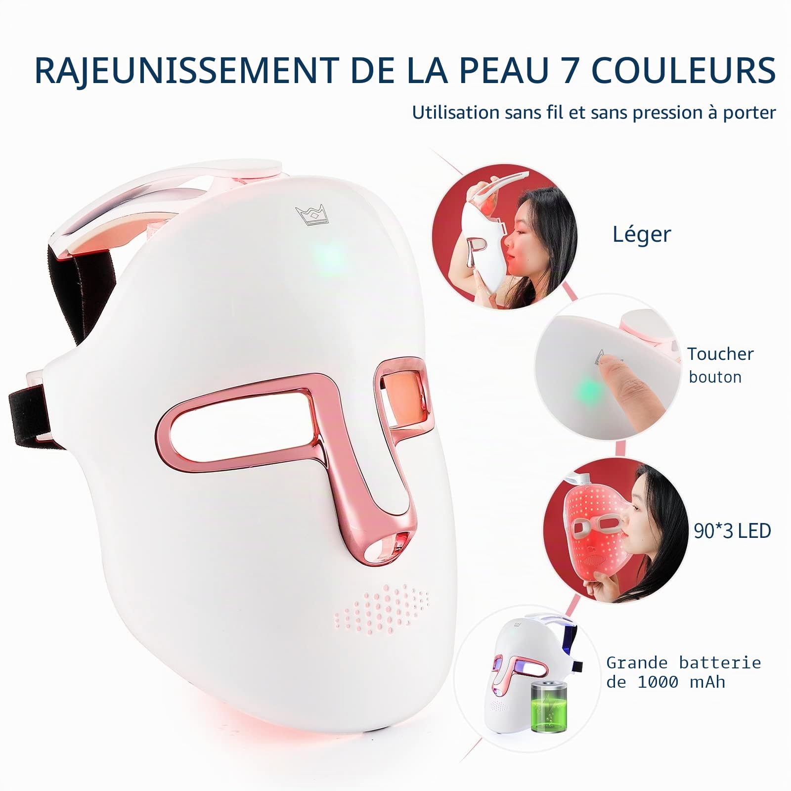 Masque de beauté LED sans fil, 7 couleurs avec 270 perles, masque lumineux LED rechargeable pour la beauté du visage, anti-anges, rajeunissement, raffermissant, rides lisses