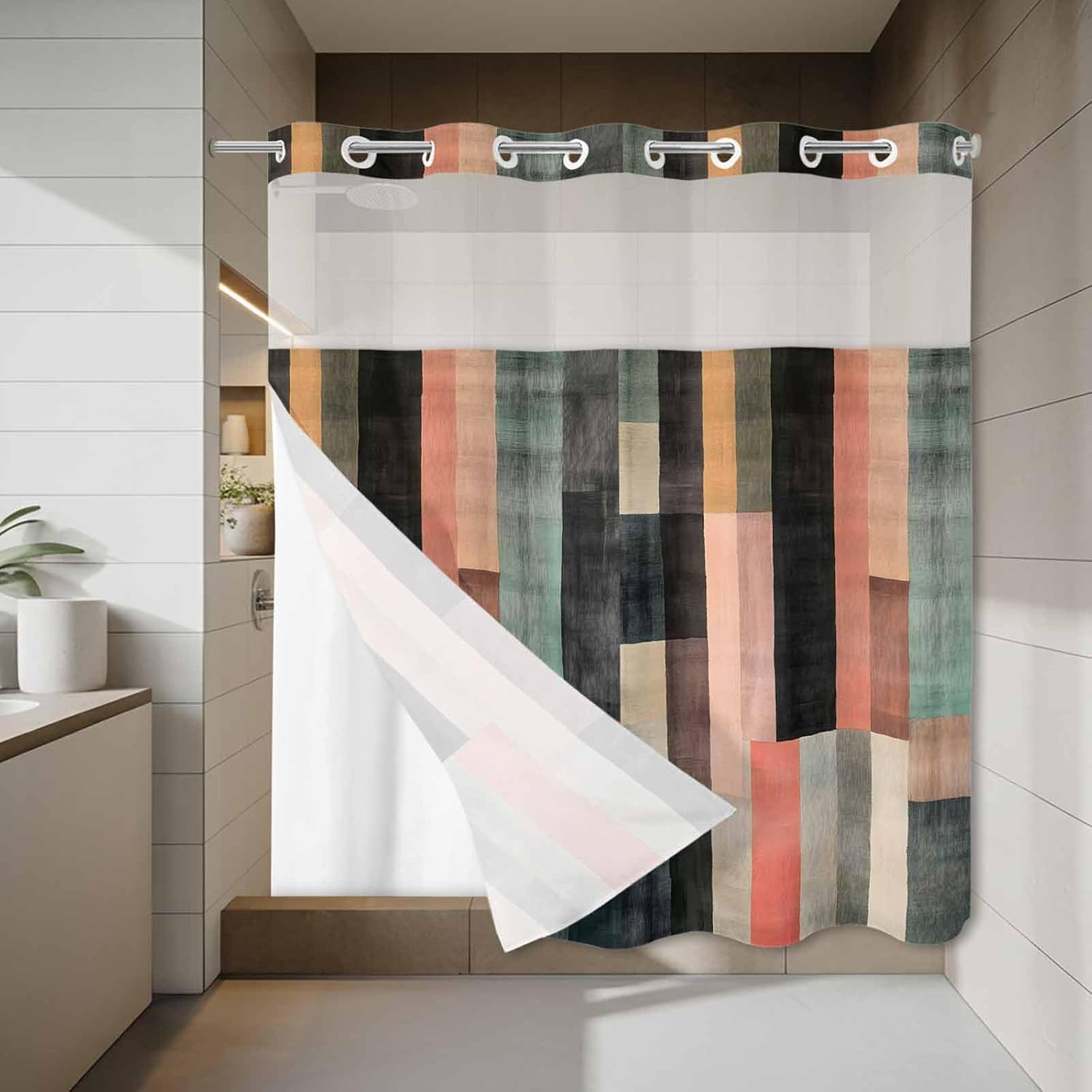 Abstract Color Block No Hook Shower Curtain with Snap in Liner Black Pink Geometric Art Deco Waterproof Bathroom Shower Curtain with See Through Top Window for Bathtub 72" x 72"