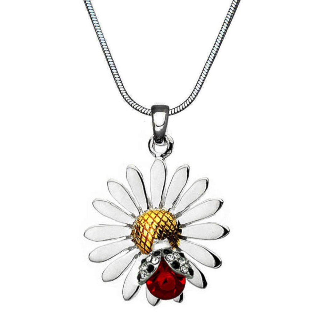 DianaL Boutique Beautiful Silvertone Daisy Flower Ladybug Pendant Necklace 17" Chain Gift Boxed Fashion Jewelry