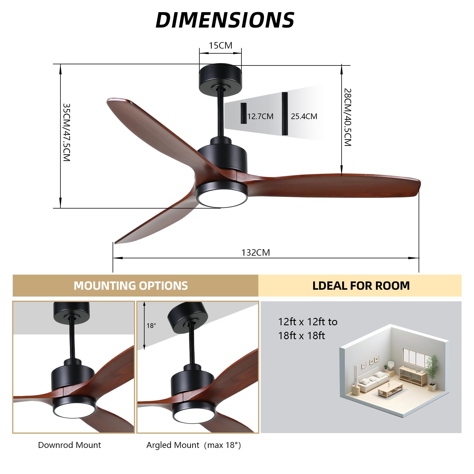 OFANTOP 132CM Ventilateur de plafond en bois avec éclairage et télécommande