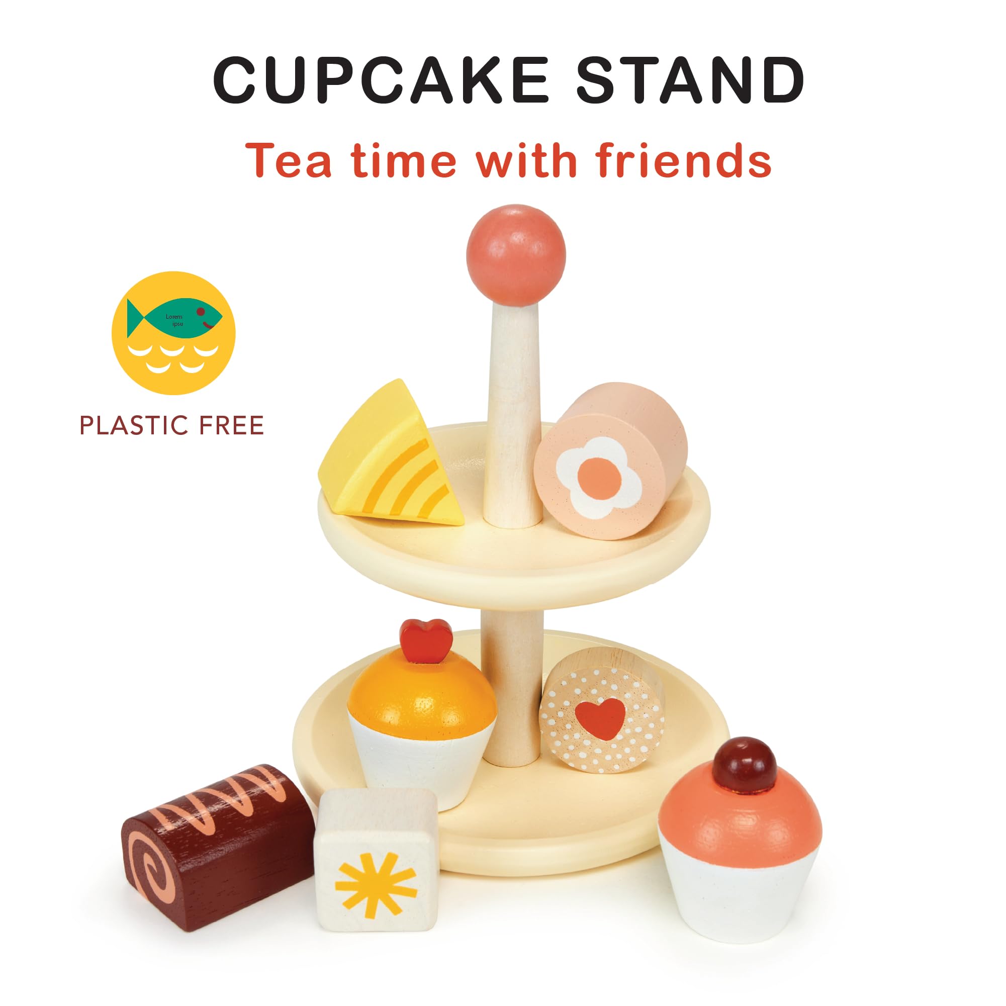 Mentari Toys - Cupcake Stand - 8pc Wooden Tea Party Set with Stand - Pretend Play Sweet Treats - Play Food Kitchen Accessories - Imaginative Play Set for Toddlers - Age 3+