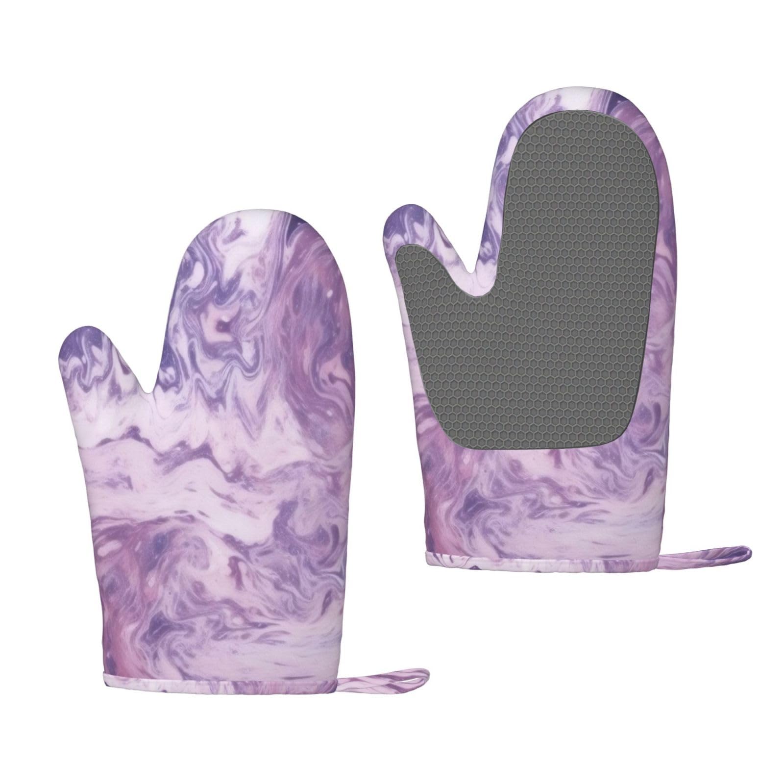 Dark Purple Texture Marble Silicone Oven Gloves - Waterproof Anti-Slip Microwave Mitts, Bbq Grill Gloves For Chef Kitchen Cooking Baking