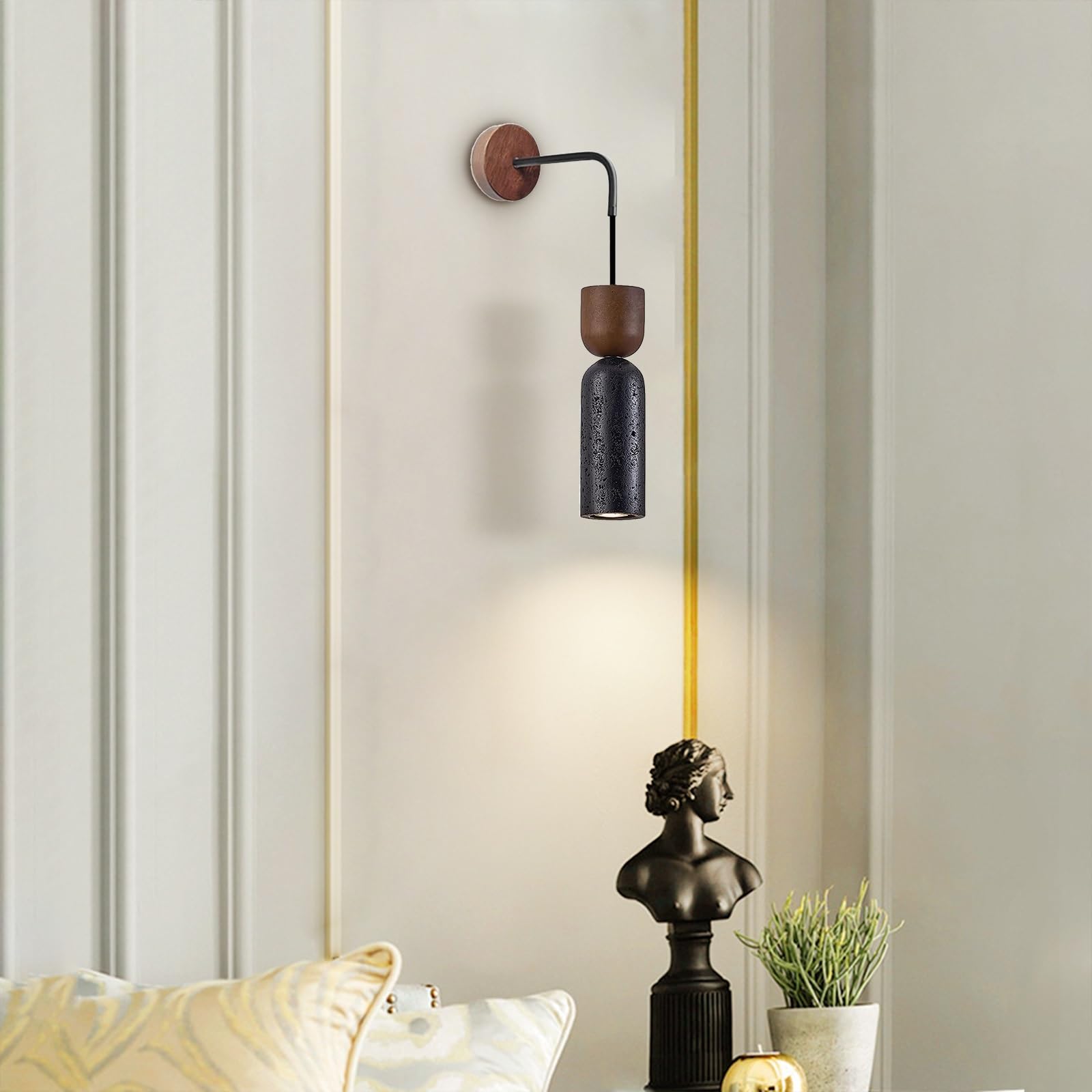 Aplique de pared de travertino, lámpara de pared de mármol | Lámpara de pared estilo wabi-sabi japonés con pantalla de piedra Natural for mesita de noche, dormitorio(Black)