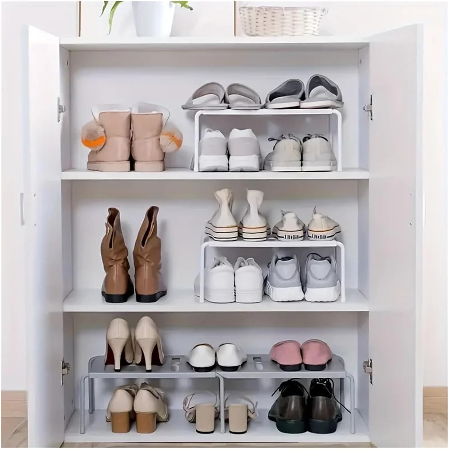 Adjustable Plastic Shoe Rack Multi-Tier Storage Organizer Space Saving for Sneakers Slippers Home Dorm Closet White Gray Modern(White)