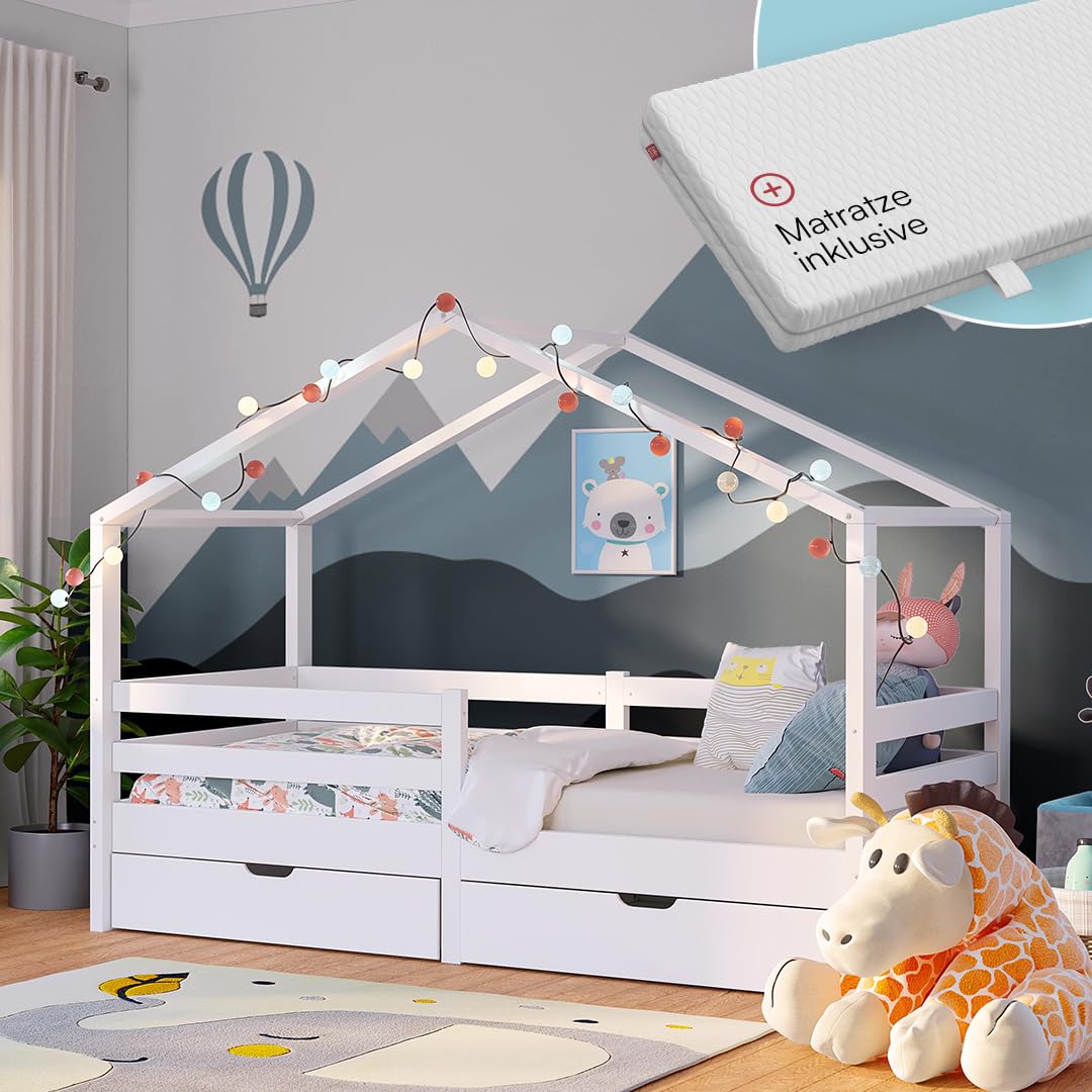 Bellabino Abia Kinderbett 90x200 cm – Hausbett mit Matratze, Rausfallschutz, Lattenrost & 2 Schubladen – Montessori Kinder Bett aus Massivholz Kiefer für Jungen und Mädchen in Weiß