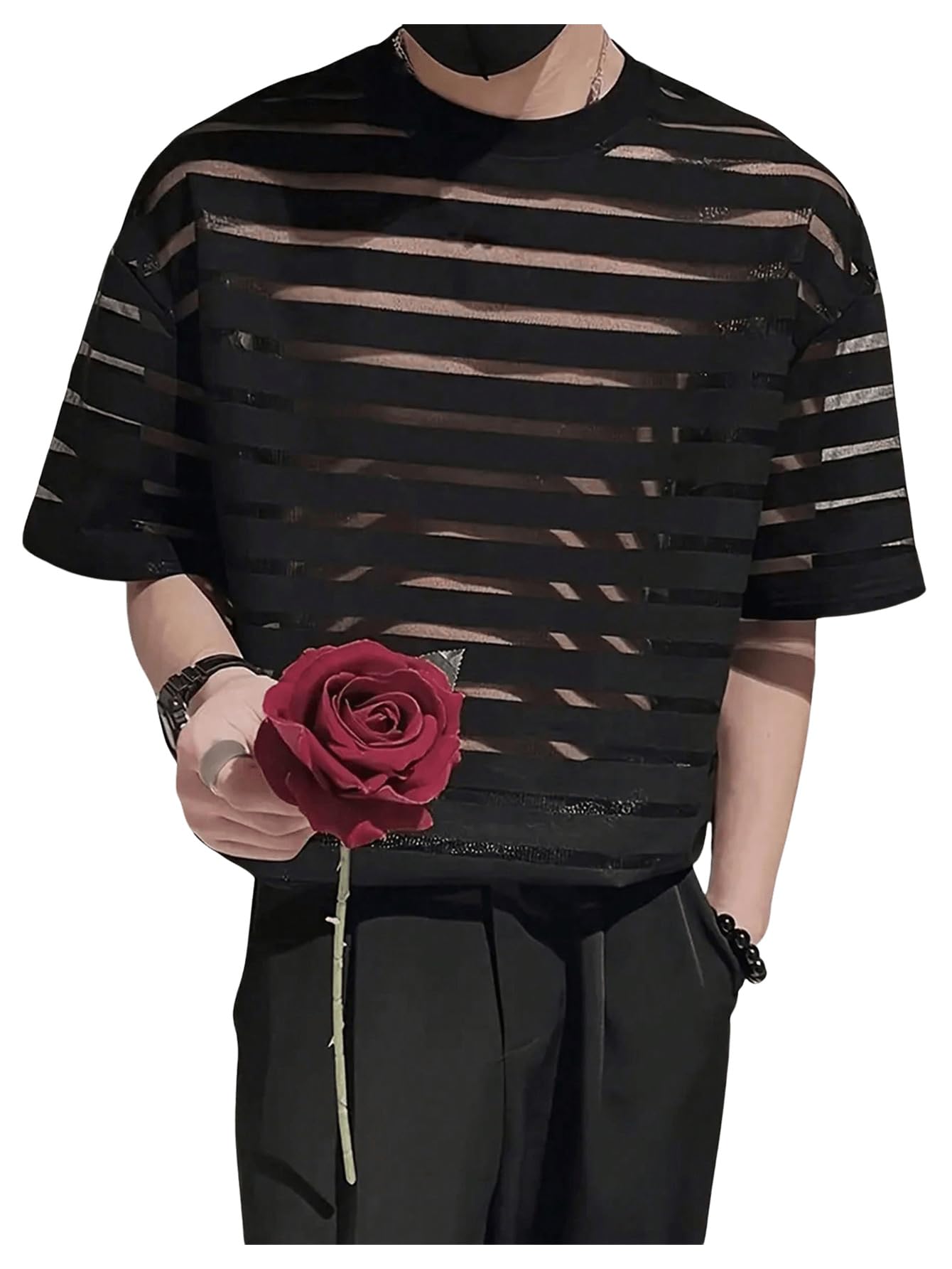 RoseSeek Men's Sheer Mesh Tee Shirt Striped Short Sleeve Crewneck See Through T Shirt Summer Tee Tops