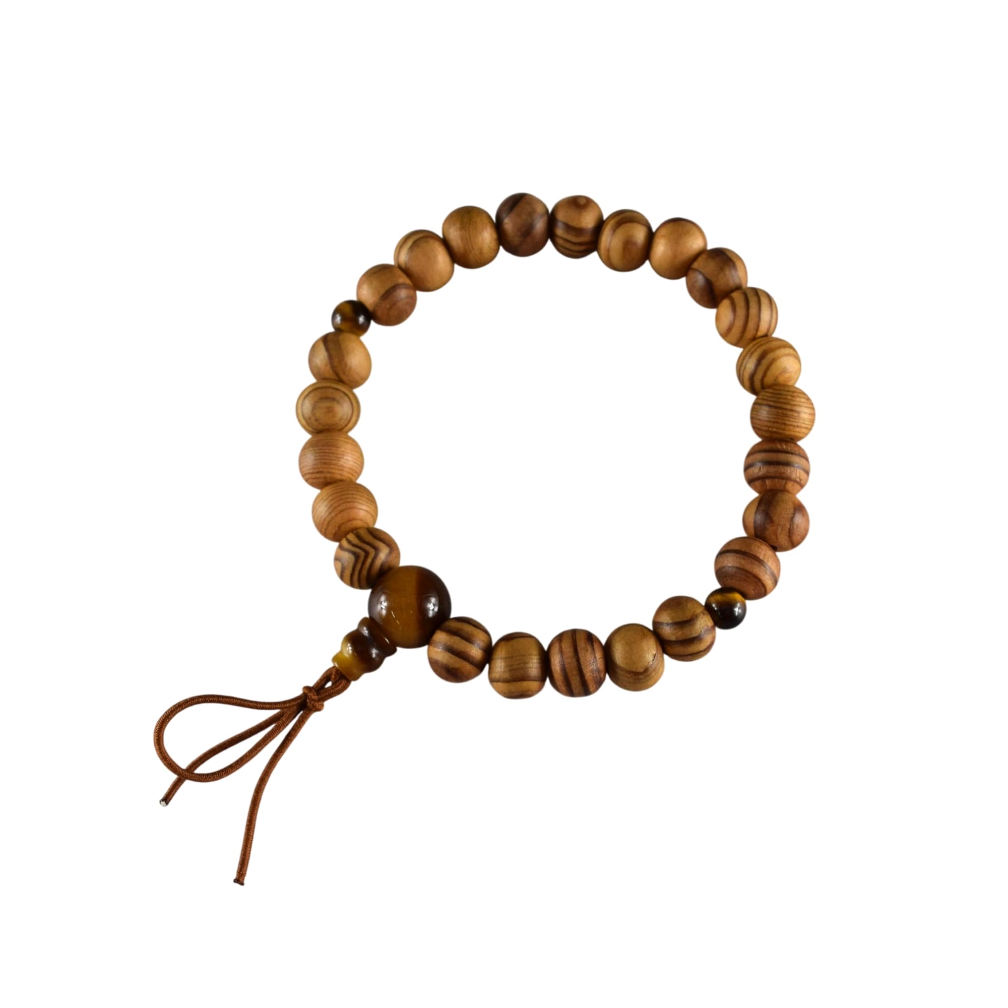 京都あさひ屋 Armband aus japanischem Zedernholz, Yakusugi-Holz und Tigerauge, 8 mm, Juzu Dhyana, Zen, Kyoto, Gebetsperlen, handgefertigt, für Männer und Frauen, Geschenke, elastische Mala-Perlen