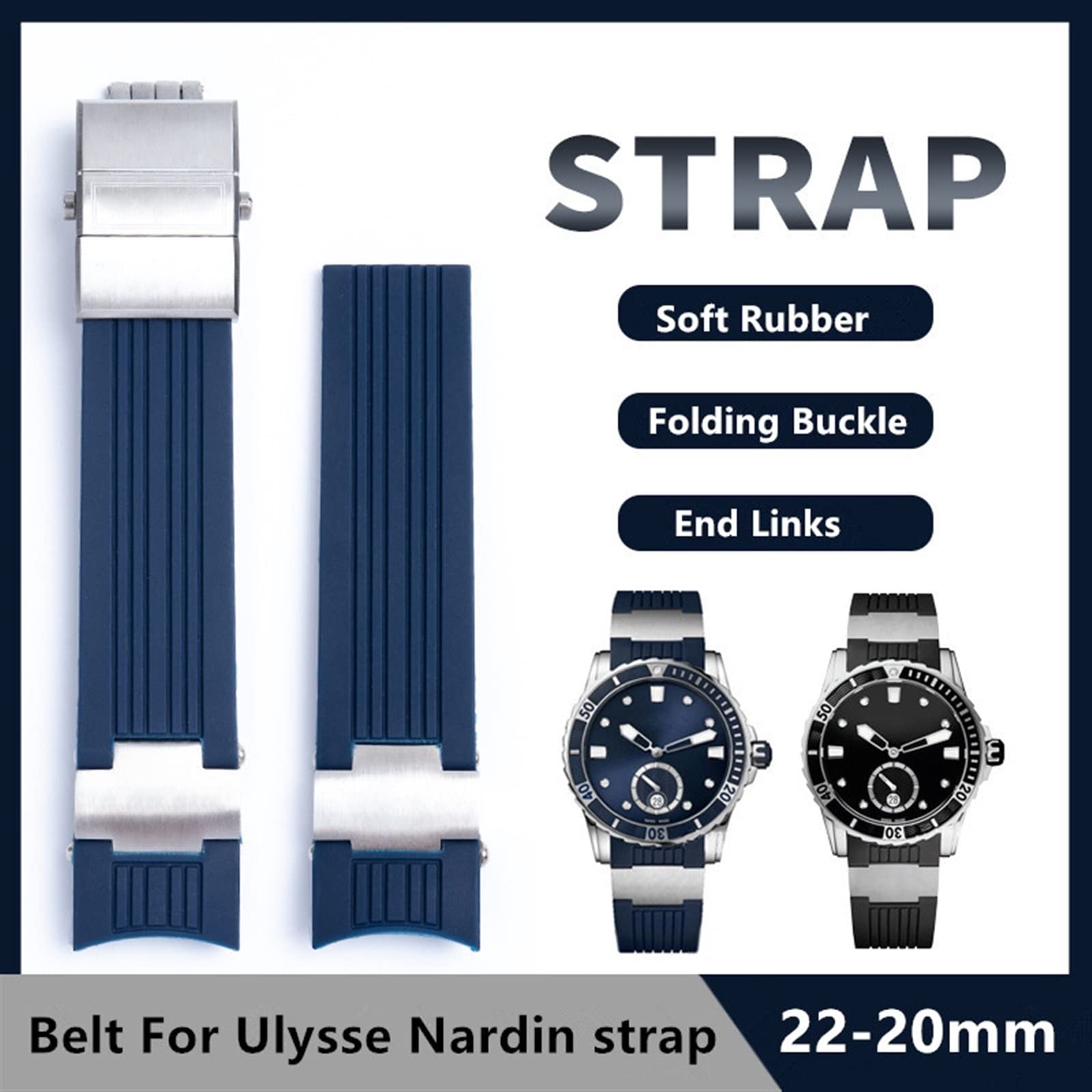 22x20mm DIVER e MARINE Impermeabile Morbido Silicone Cinturino Cinturino Orologio Da Polso Cinturino Per Cinturino Pieghevole Fibbia